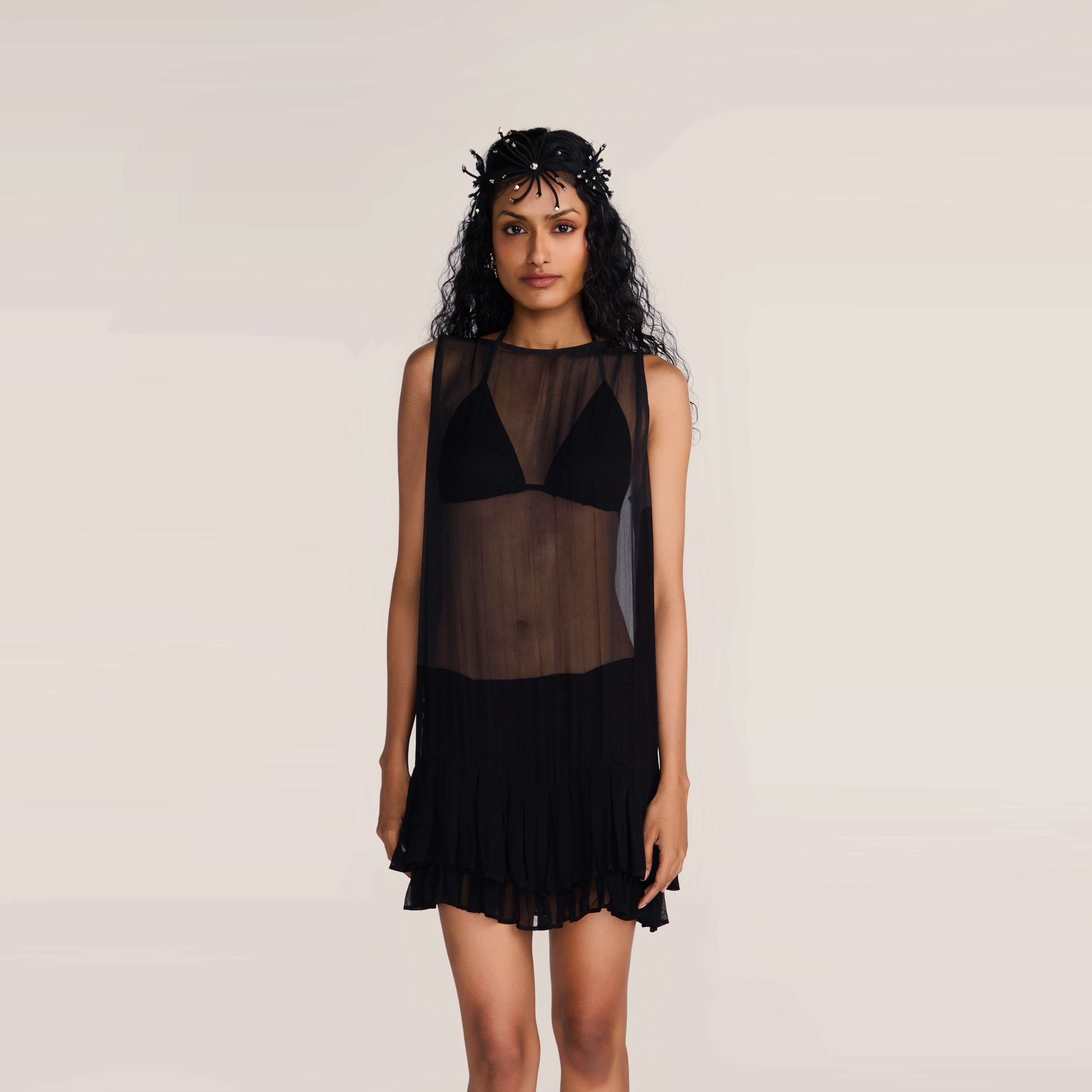 ROSANI The Accorde dress in black - black georgette little-black-dress with frill hem, front view