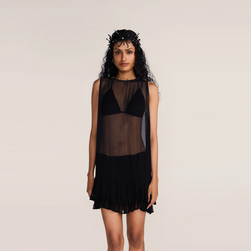 ROSANI The Accorde dress in black - black georgette little-black-dress with frill hem, front view