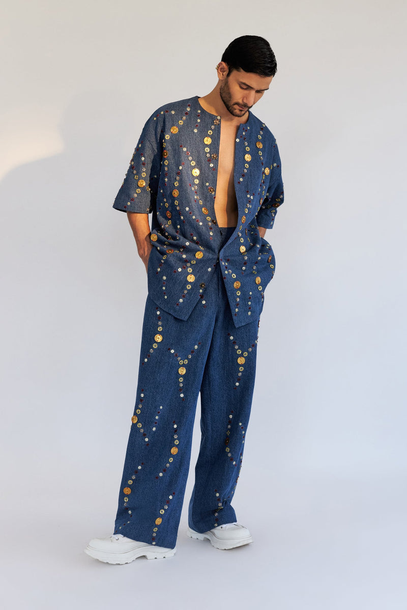 ROSANI The Atto shirt, three-quarter view. Full embellishment coverage and boxy silhouette.