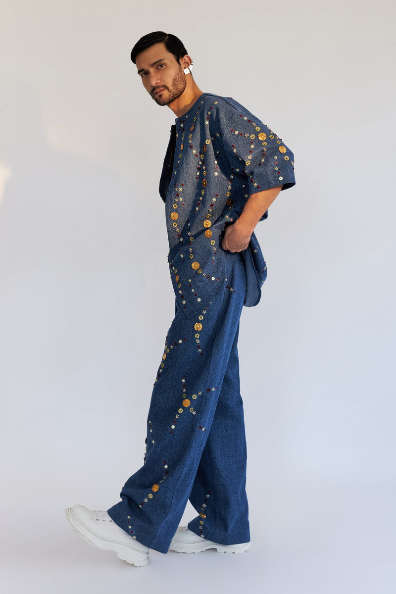 ROSANI The Atto shirt, back view. All-over metallic embroidery. DYMENSION collection.