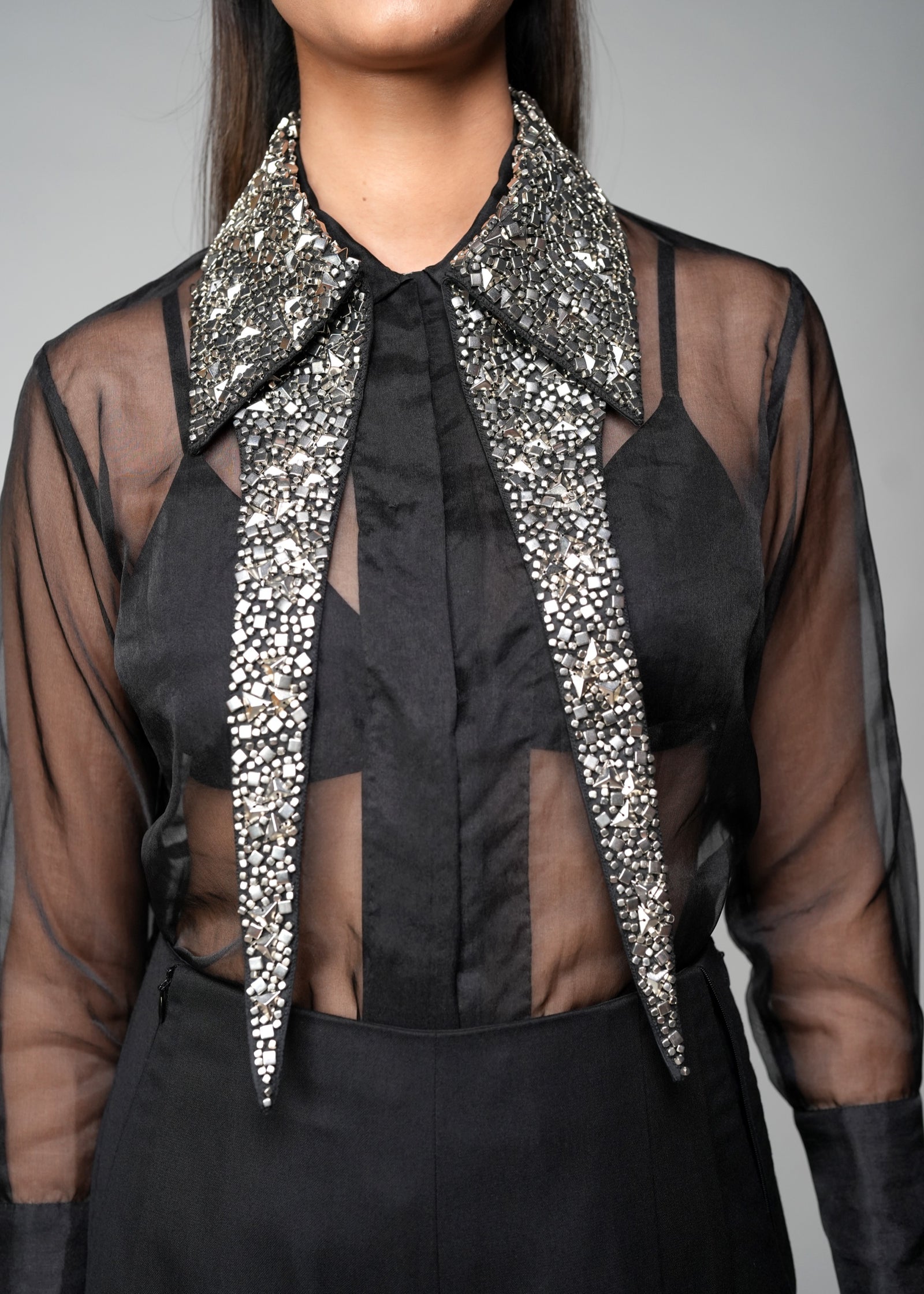 ROSANI The Altar collar in silver - all-over metallic embroidered satin collar worn over black shirt, front view