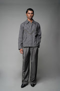 ROSANI The Arch shacket in grey checks - overshirt with gunmetal embellishment on center front panel, front view