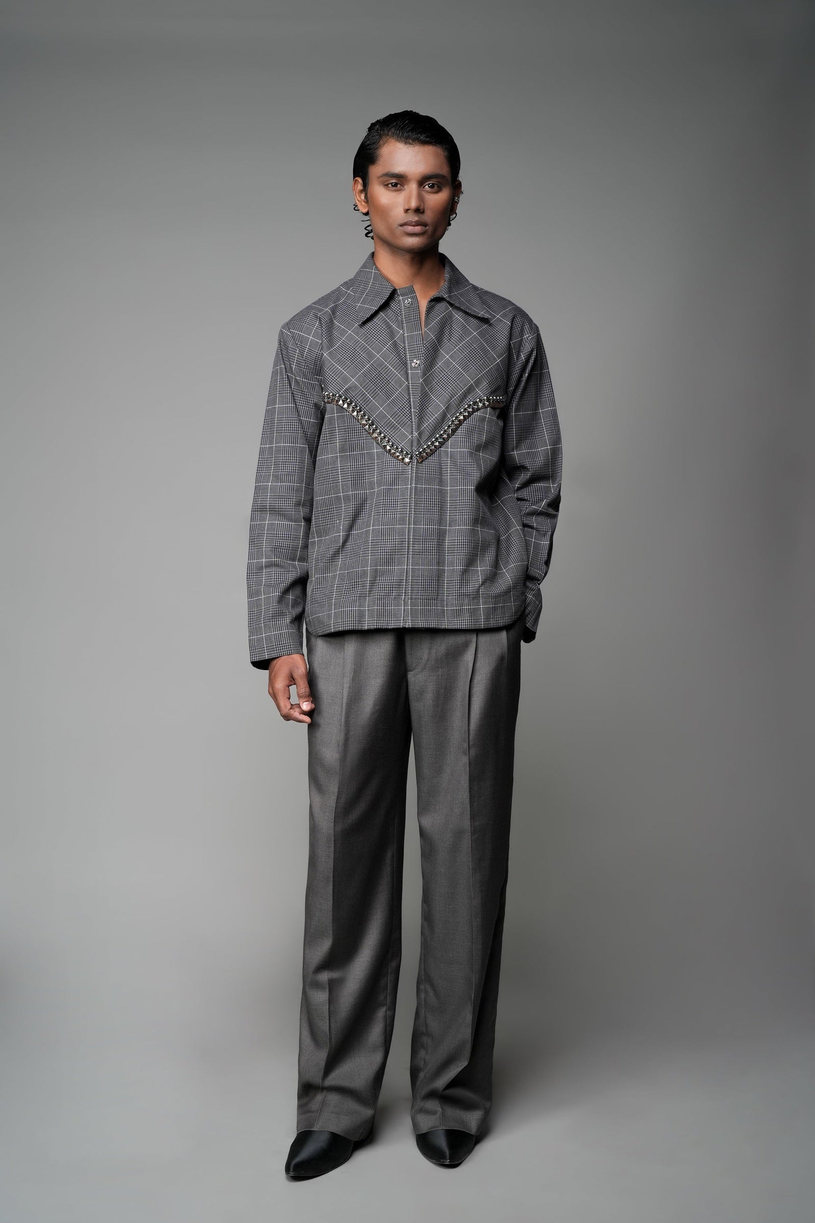 ROSANI The Arch shacket in grey checks - overshirt with gunmetal embellishment on center front panel, front view