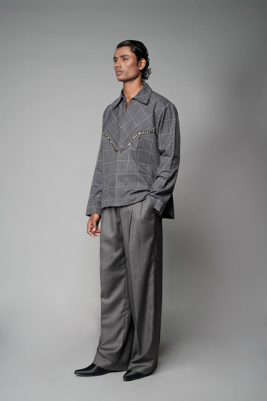 ROSANI The Arch shacket in grey checks - overshirt with gunmetal detail, front side view