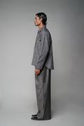 ROSANI The Arch shacket in grey checks - overshirt with gunmetal back panel detail, side view