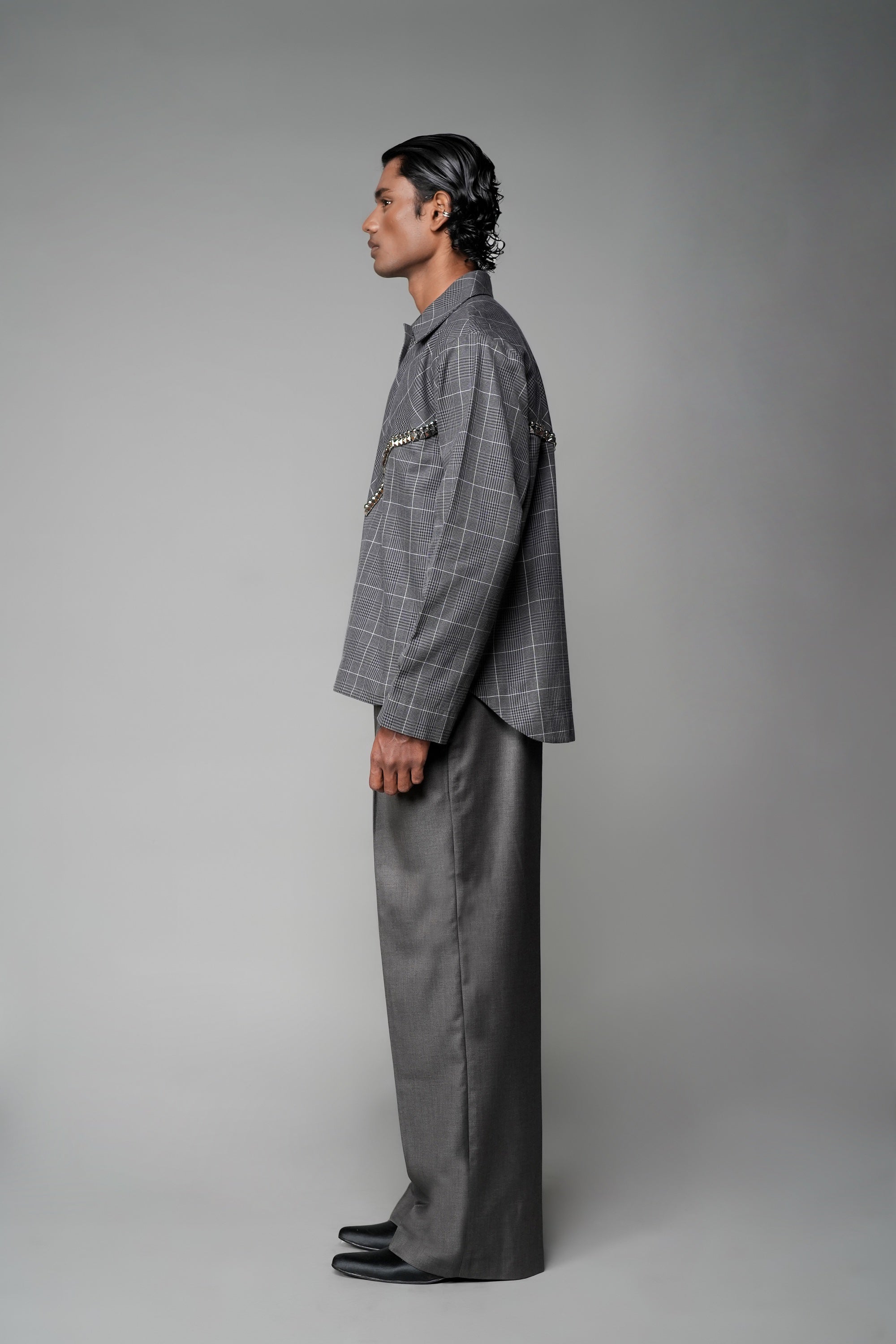 ROSANI The Arch shacket in grey checks - overshirt with gunmetal back panel detail, side view