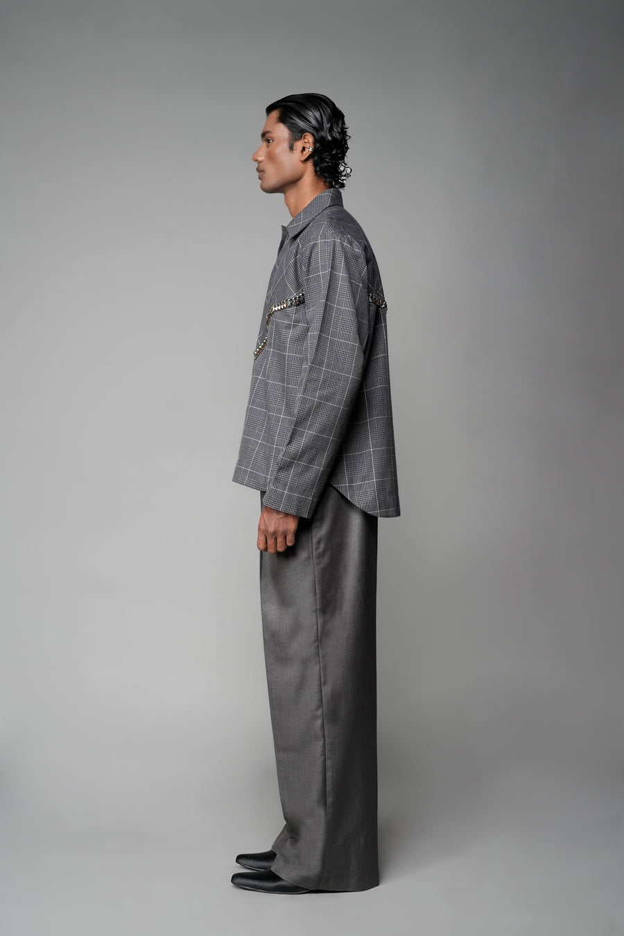 ROSANI The Arch shacket in grey checks - overshirt with gunmetal back panel detail, side view