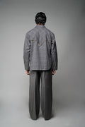 ROSANI The Arch shacket in grey checks - overshirt with gunmetal back panel embellishment, back view