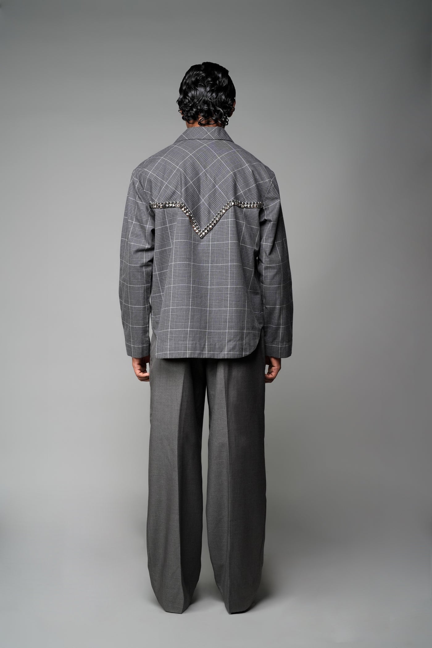 ROSANI The Arch shacket in grey checks - overshirt with gunmetal back panel embellishment, back view