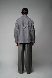 ROSANI The Arch shacket in grey checks - overshirt with gunmetal back panel embellishment, back view