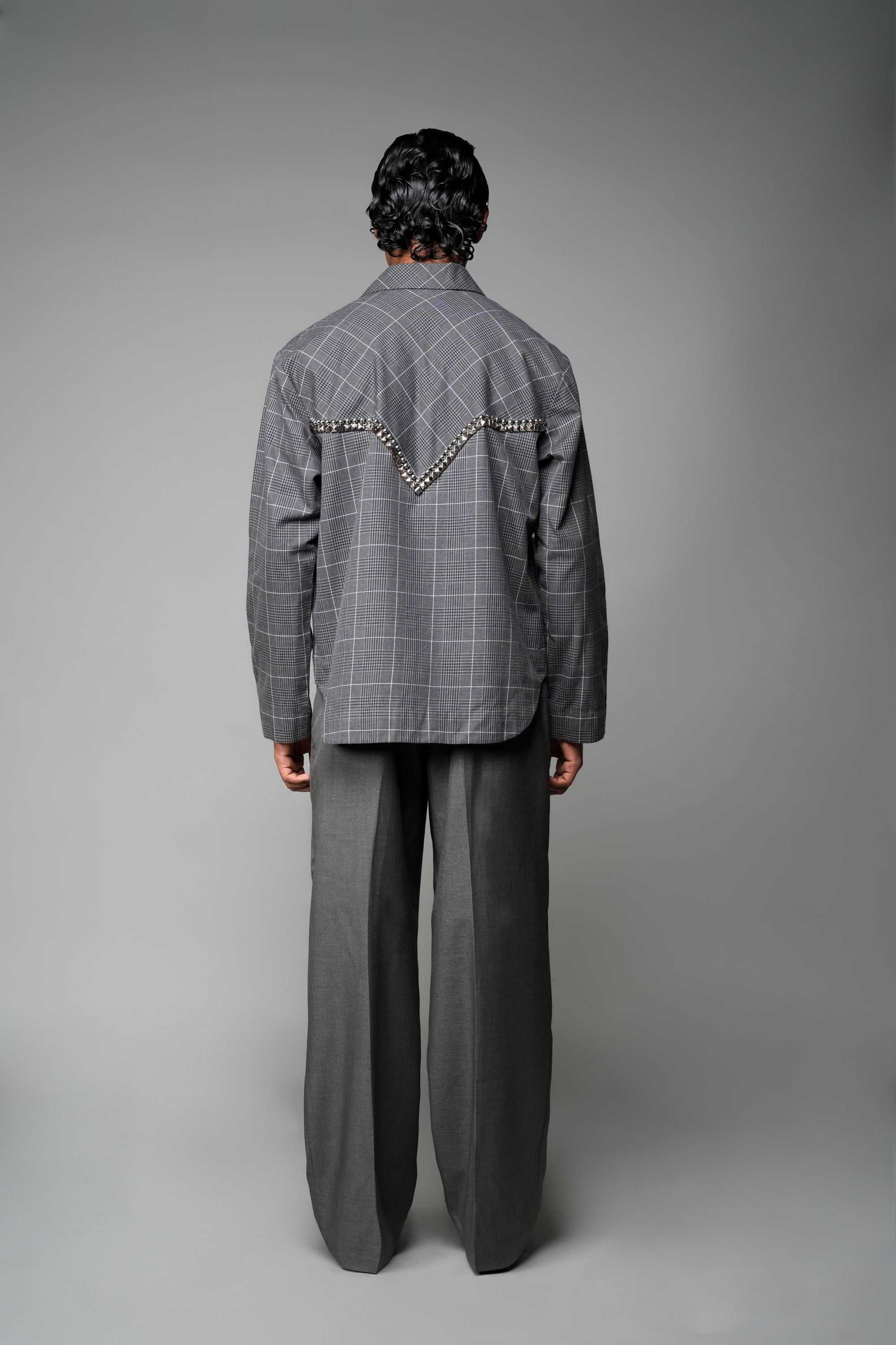 ROSANI The Arch shacket in grey checks - overshirt with gunmetal back panel embellishment, back view
