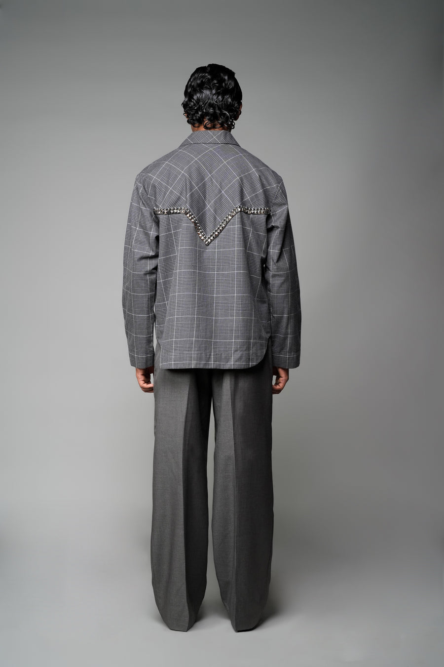 ROSANI The Arch shacket in grey checks - overshirt with gunmetal back panel embellishment, back view