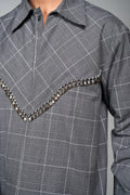 ROSANI The Arch shacket in grey checks - gunmetal embellishment detail, close-up