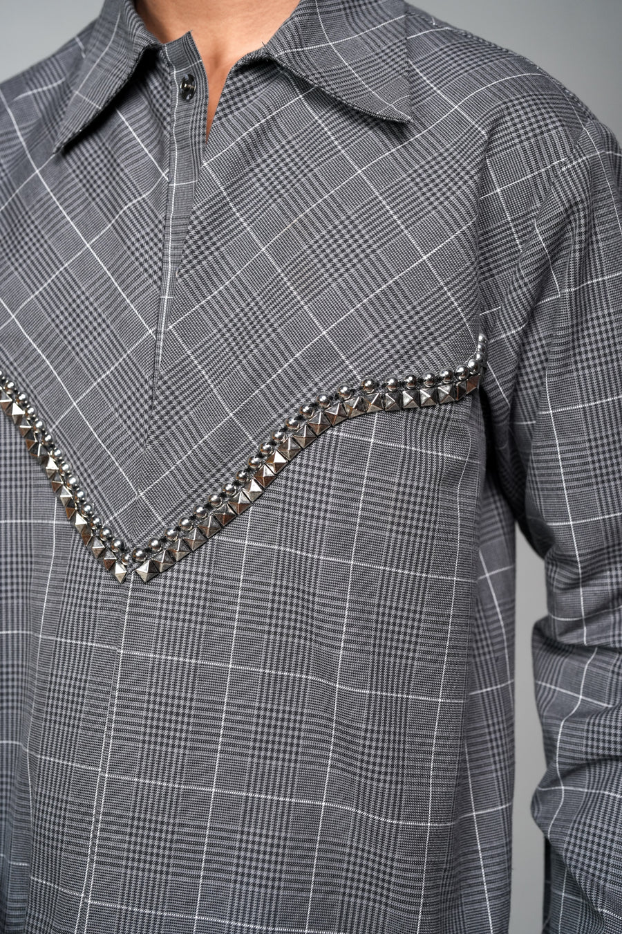 ROSANI The Arch shacket in grey checks - gunmetal embellishment detail, close-up