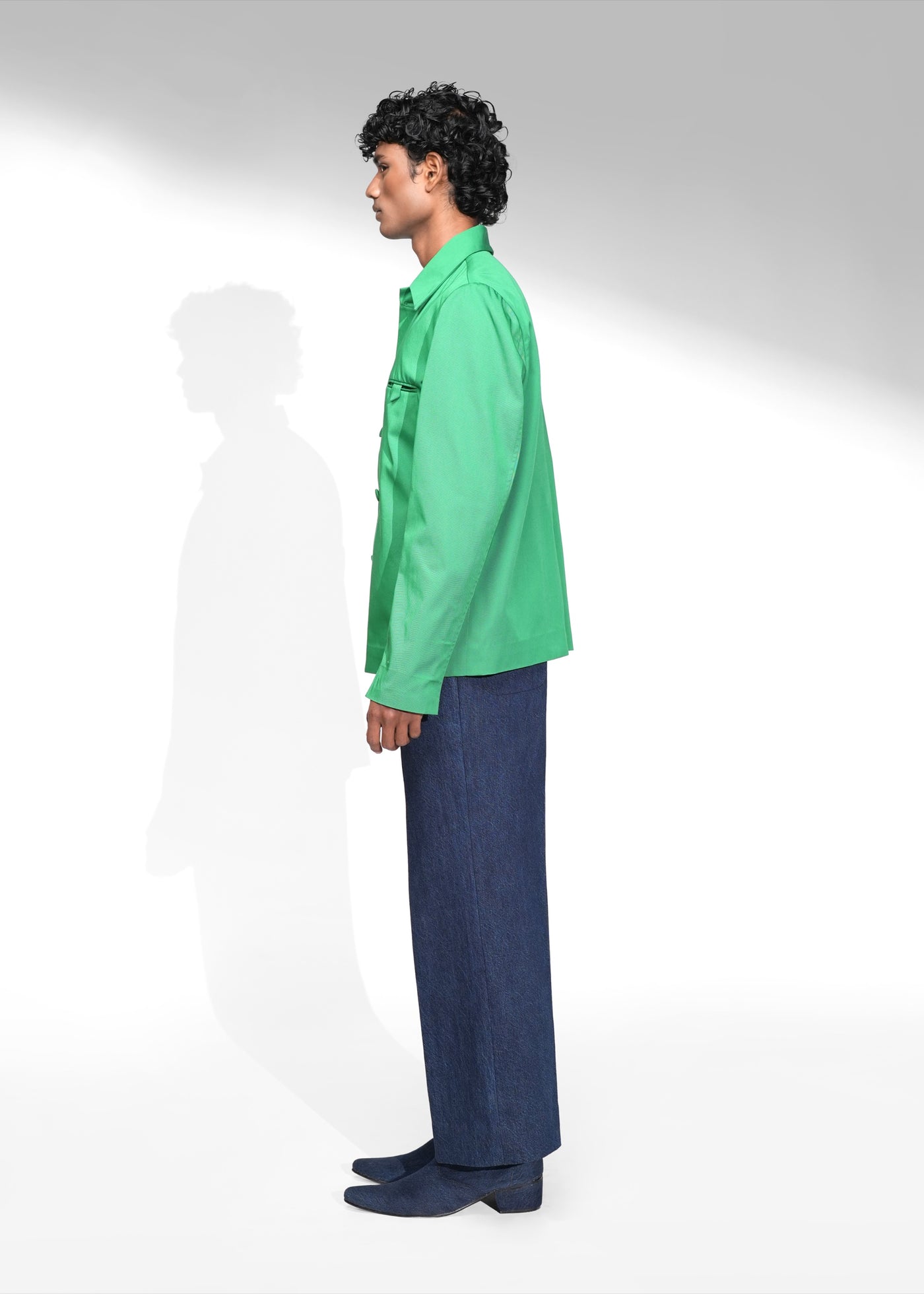 ROSANI The Aura shacket in shamrock green - fabric-covered button placket detail, close-up