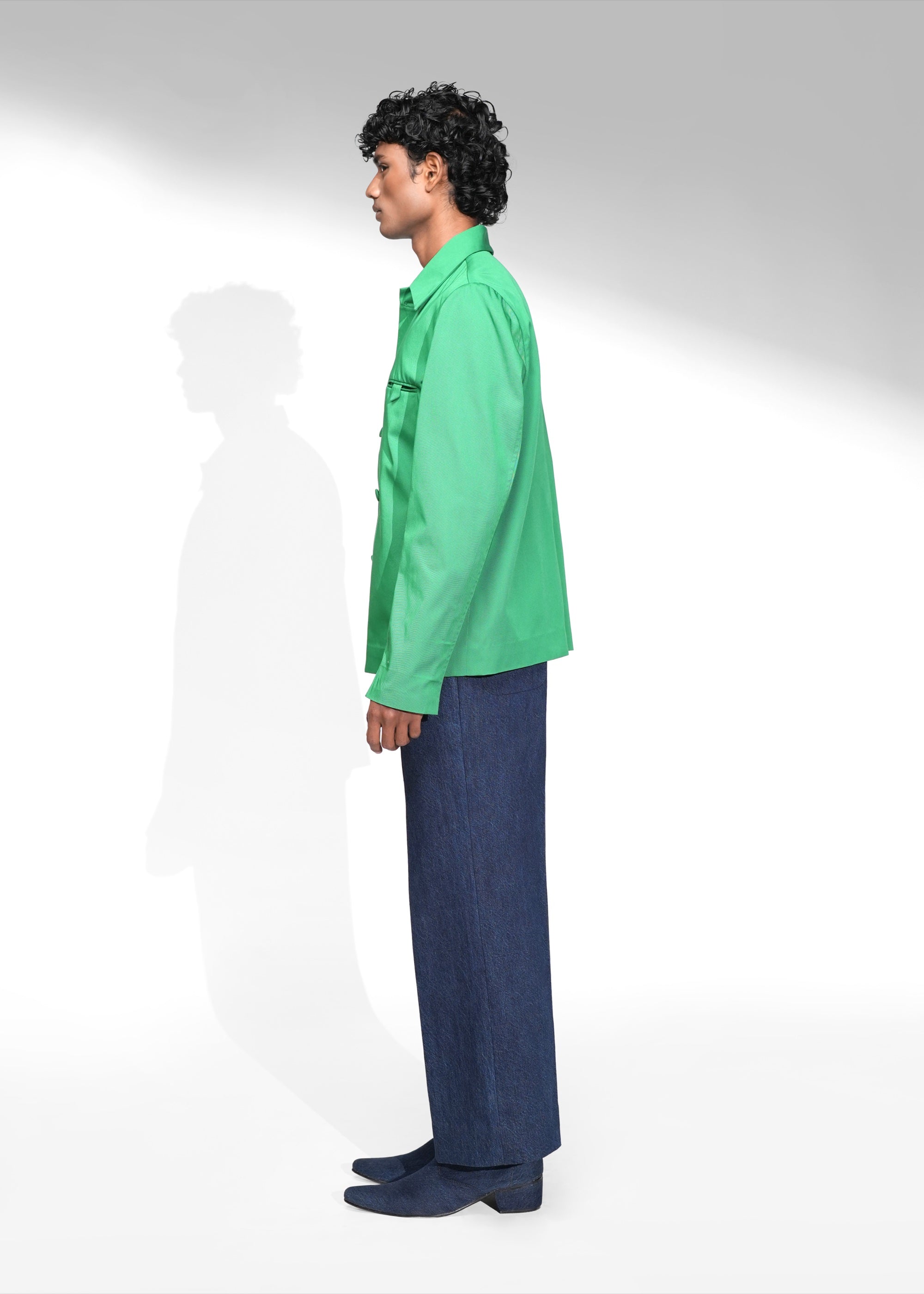 ROSANI The Aura shacket in shamrock green - fabric-covered button placket detail, close-up
