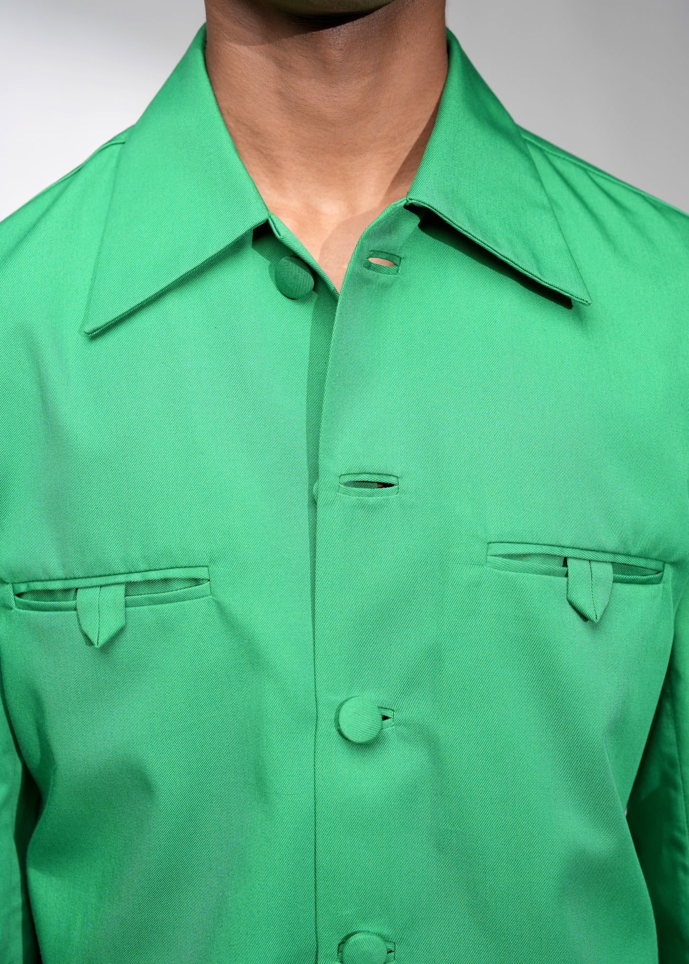 ROSANI The Aura shacket in shamrock green - overshirt with blazer sleeves, back view