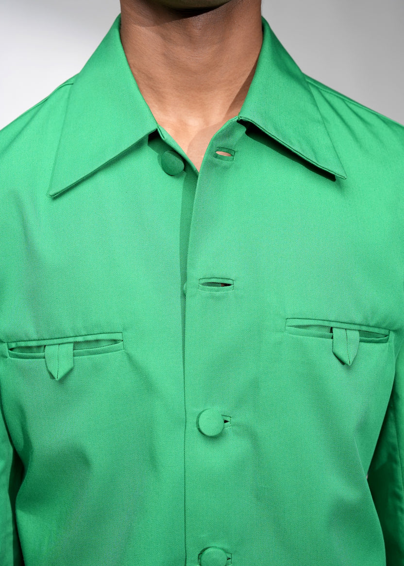 ROSANI The Aura shacket in shamrock green - overshirt with blazer sleeves, back view