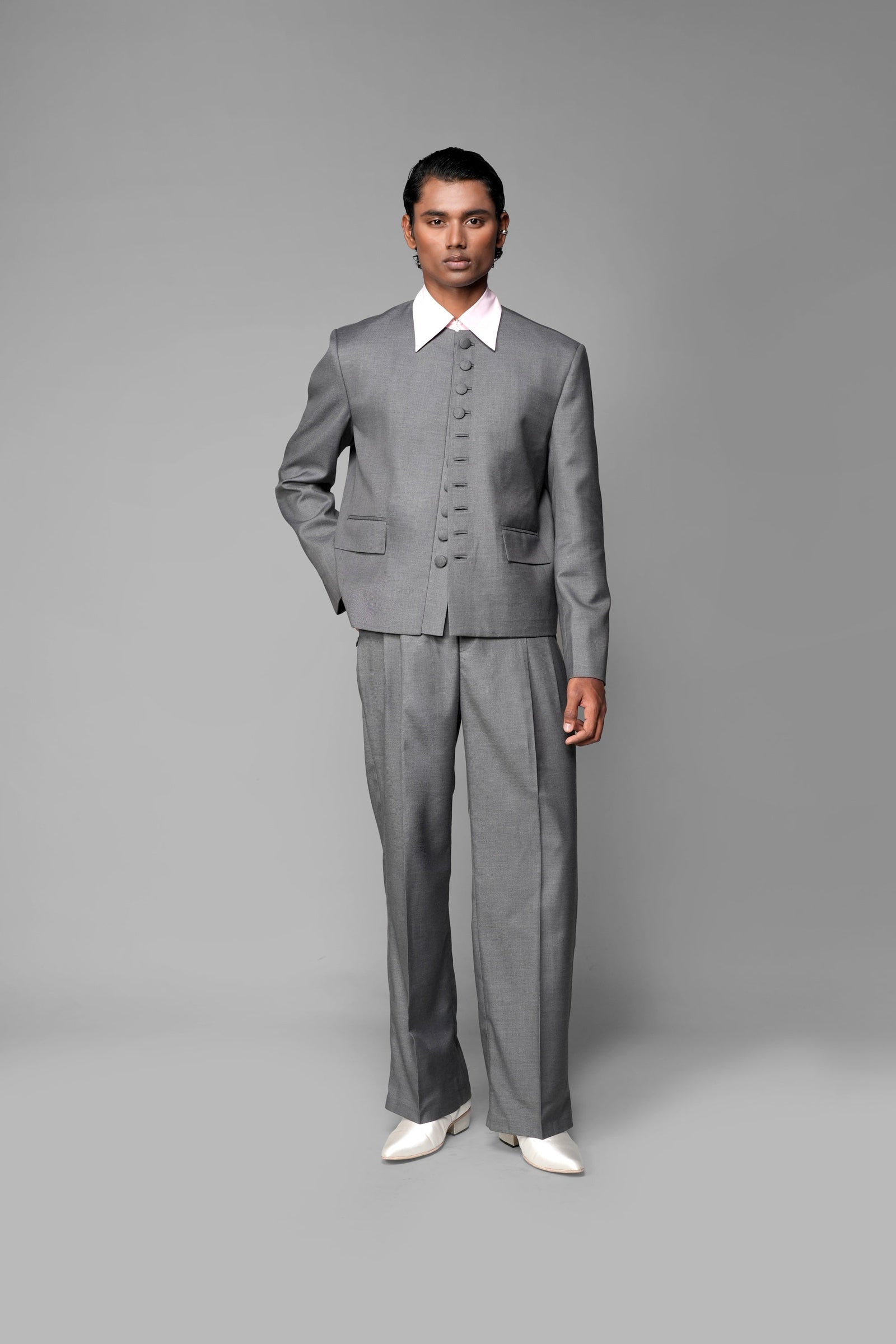 ROSANI The Basilica blazer in grey - collarless blazer with fabric-covered buttons, front view