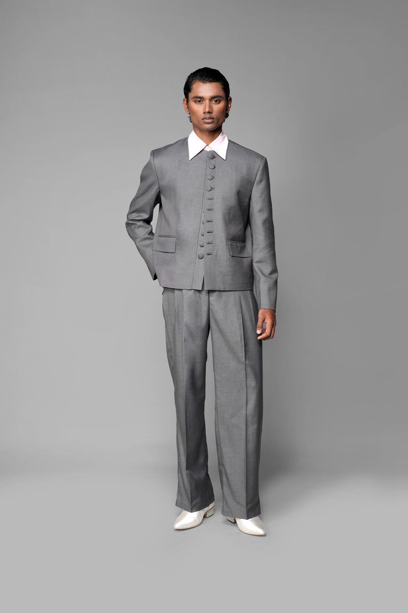 ROSANI The Basilica blazer in grey - collarless blazer with fabric-covered buttons, front view