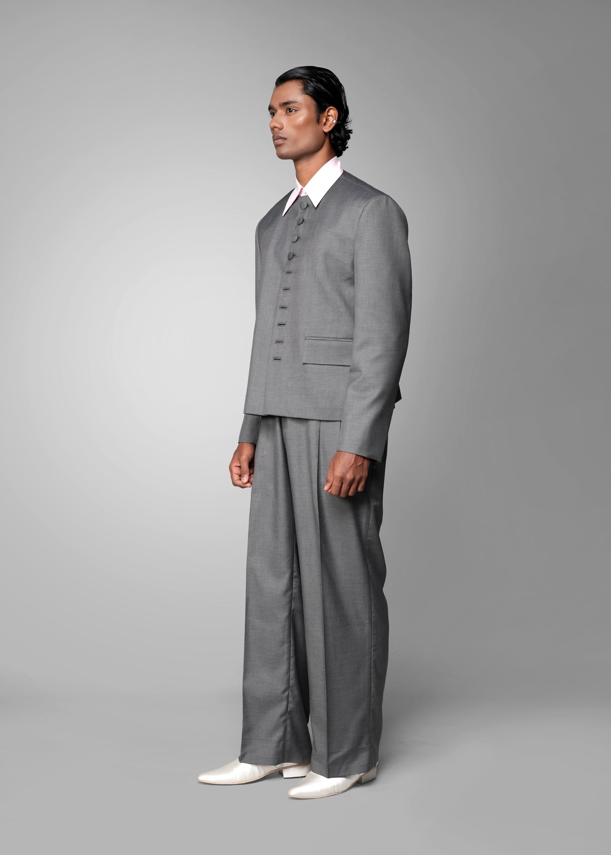 ROSANI The Basilica blazer in grey - collarless blazer with fabric-covered buttons, side view