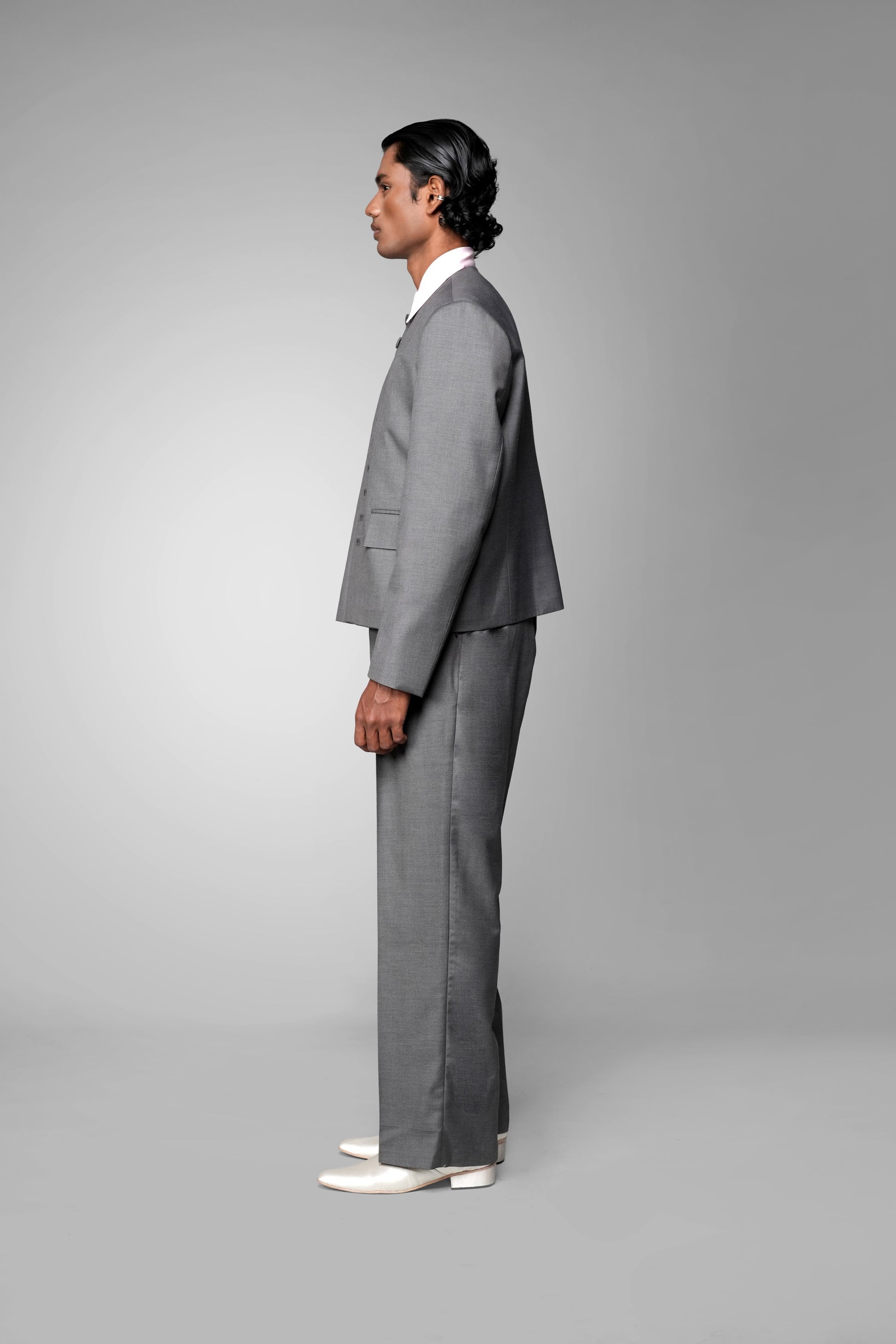 ROSANI The Basilica blazer in grey - collarless blazer with fabric-covered buttons, back view