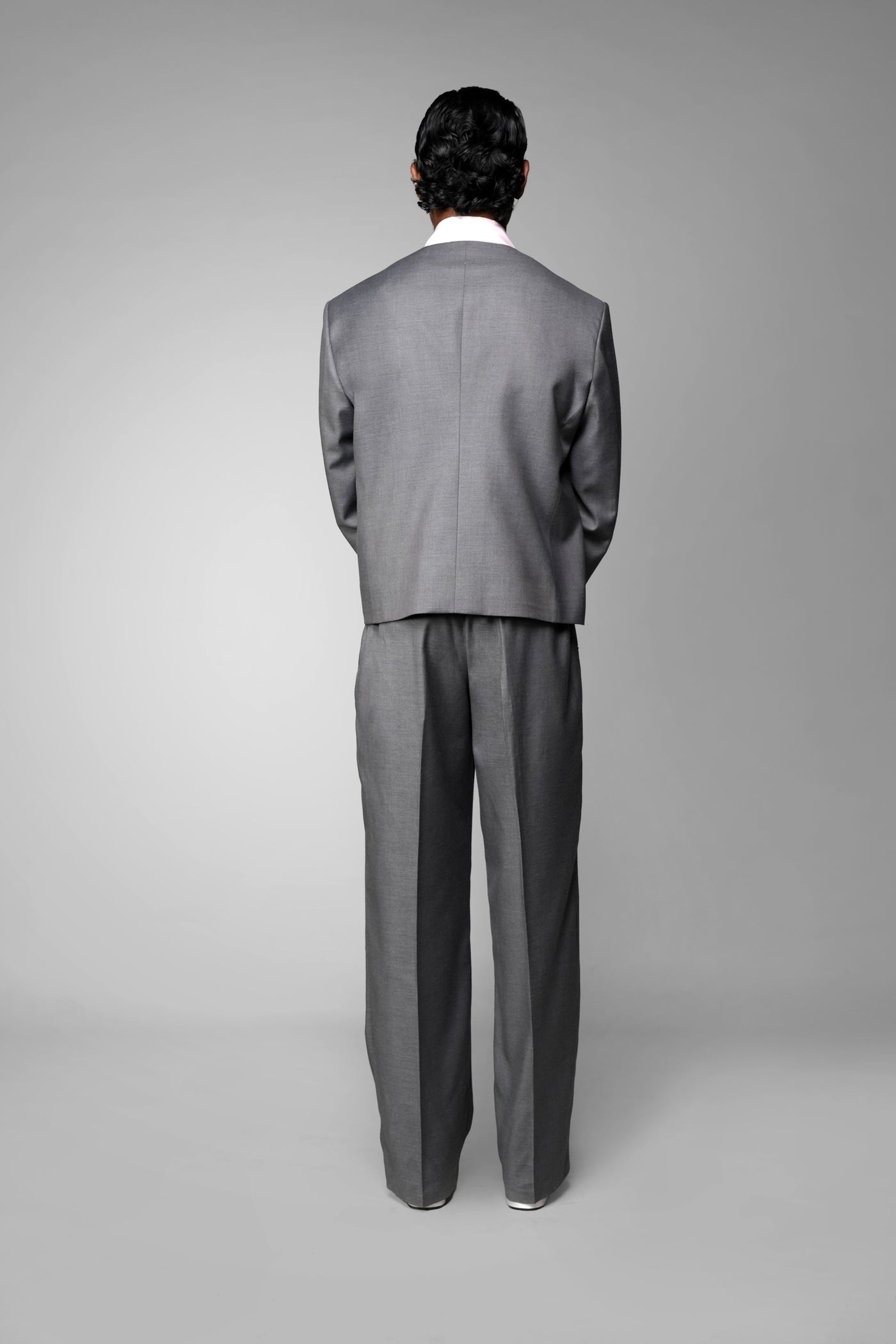 ROSANI The Basilica blazer in grey - fabric-covered buttons and collarless neckline, close-up detail