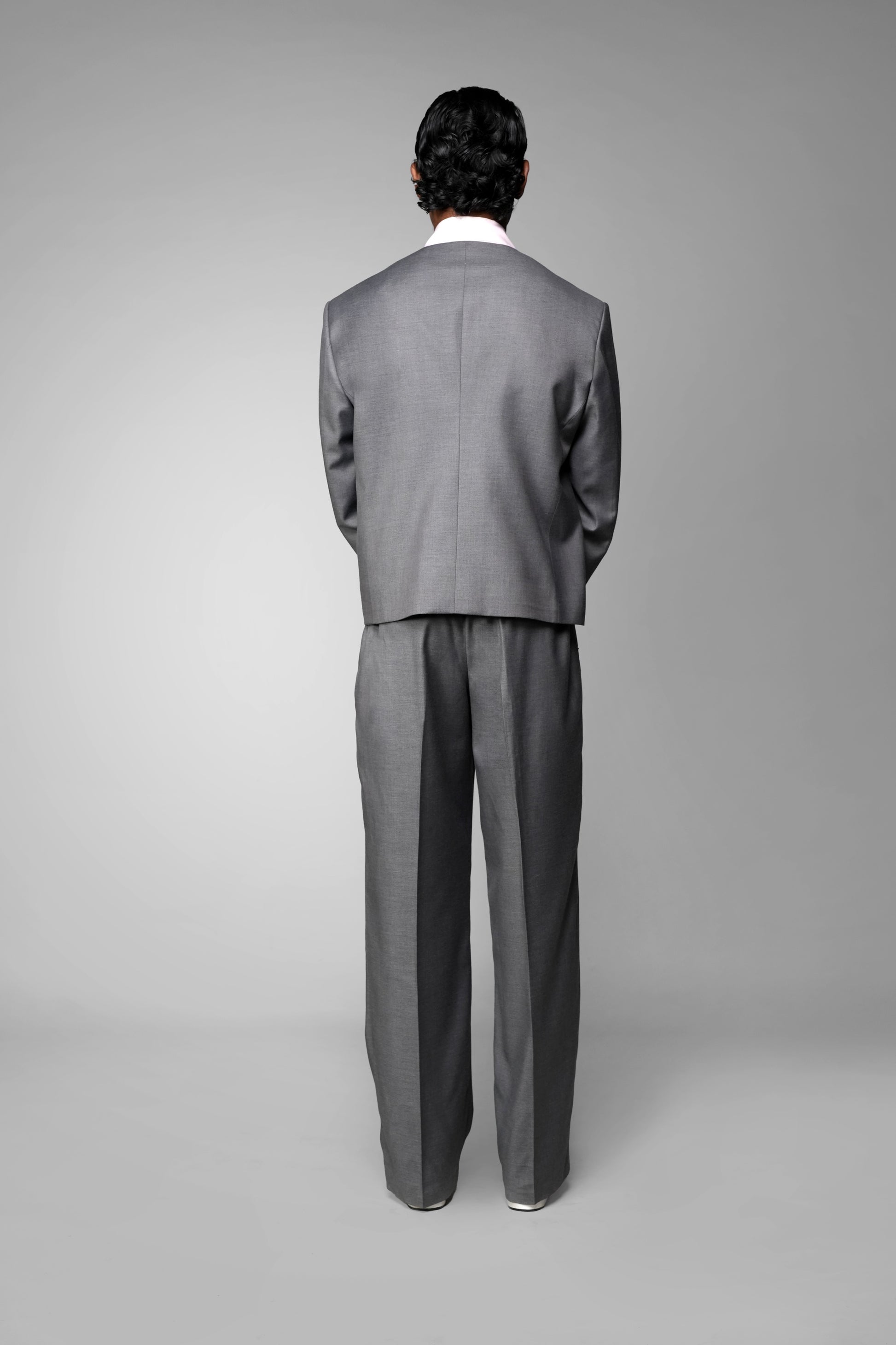 ROSANI The Basilica blazer in grey - fabric-covered buttons and collarless neckline, close-up detail