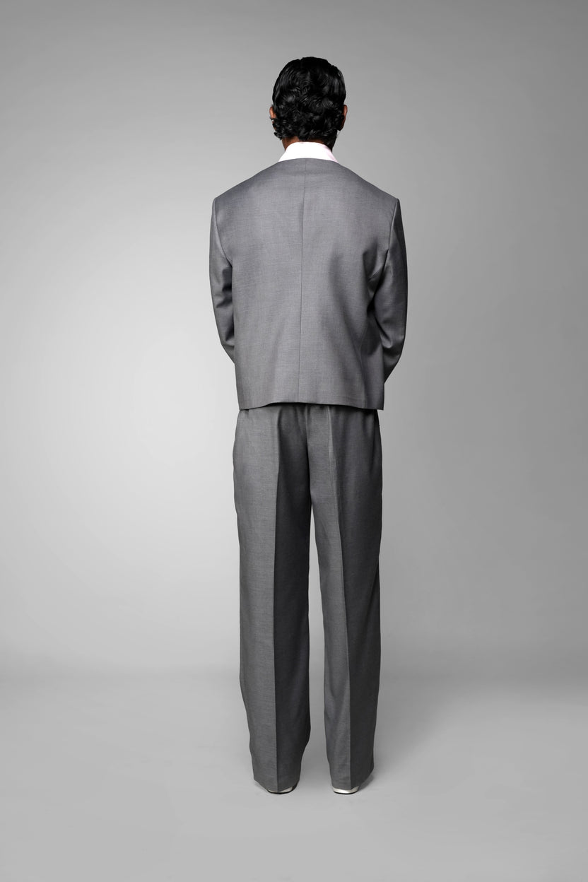ROSANI The Basilica blazer in grey - fabric-covered buttons and collarless neckline, close-up detail