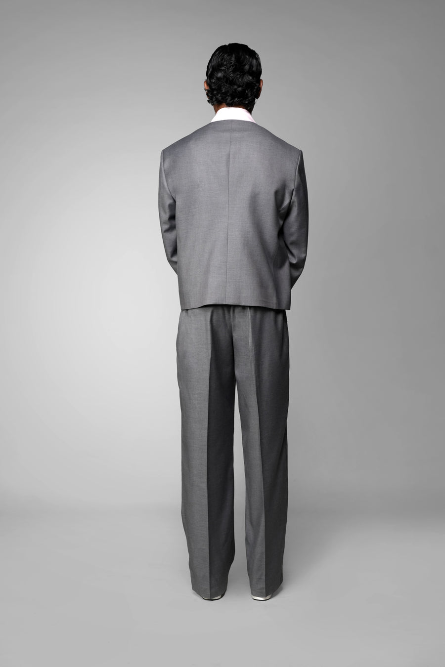 ROSANI The Basilica blazer in grey - fabric-covered buttons and collarless neckline, close-up detail