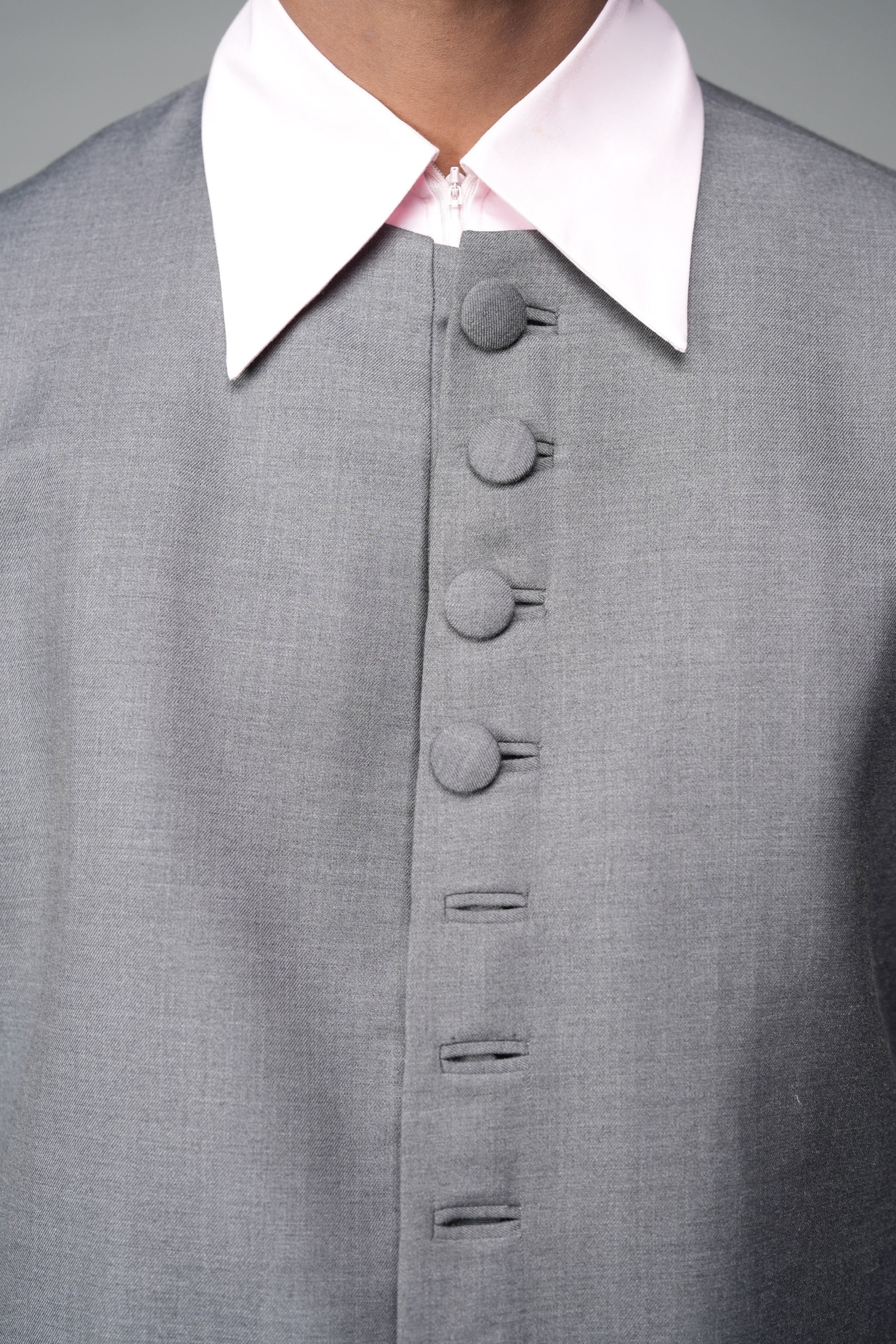 ROSANI The Basilica blazer in grey - collarless blazer with fabric-covered buttons, front side view