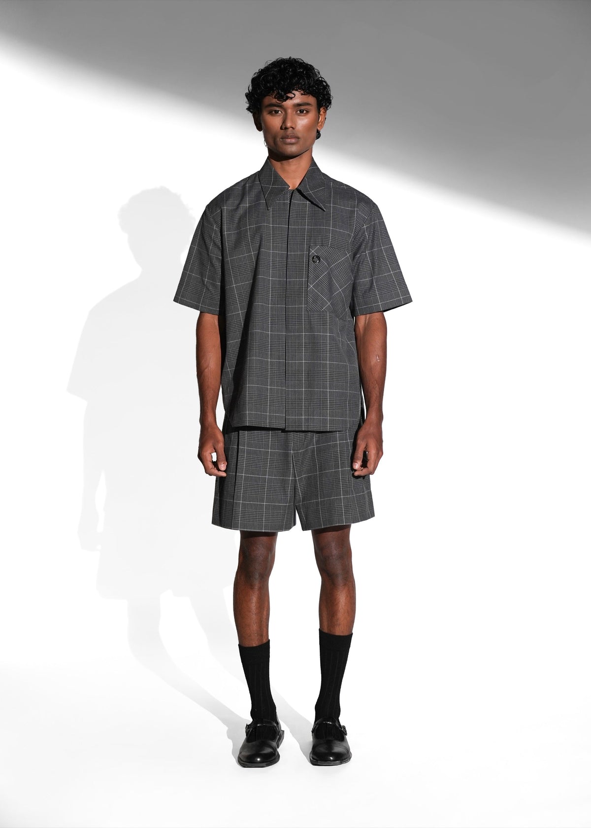 ROSANI The Capsule shirt in grey - cotton half-sleeve shirt with eyelet pocket detail, front view