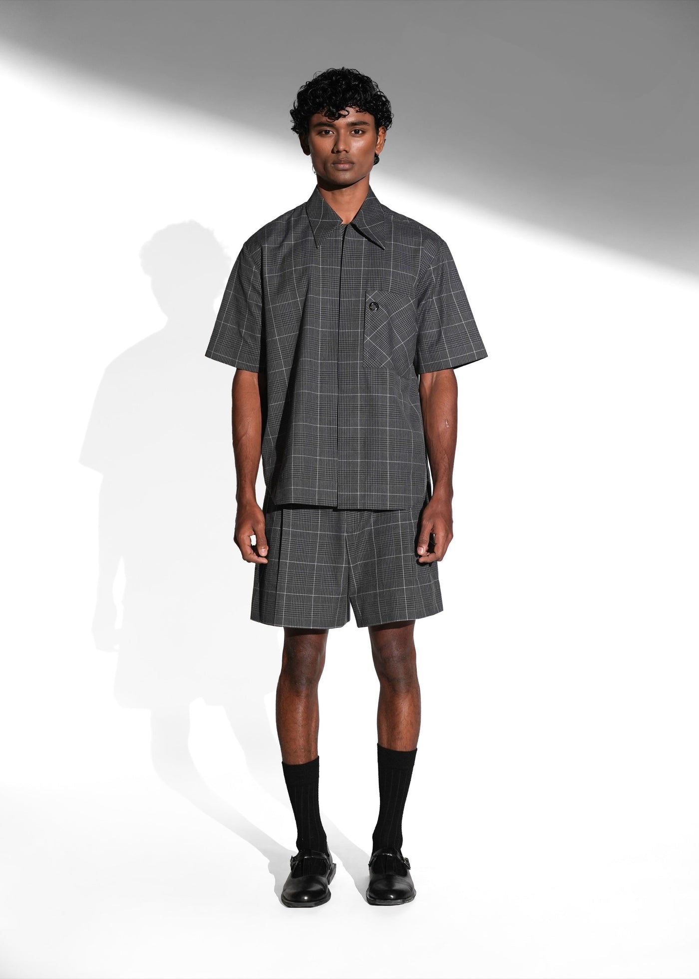 ROSANI The Capsule shirt in grey - cotton half-sleeve shirt with eyelet pocket detail, front view