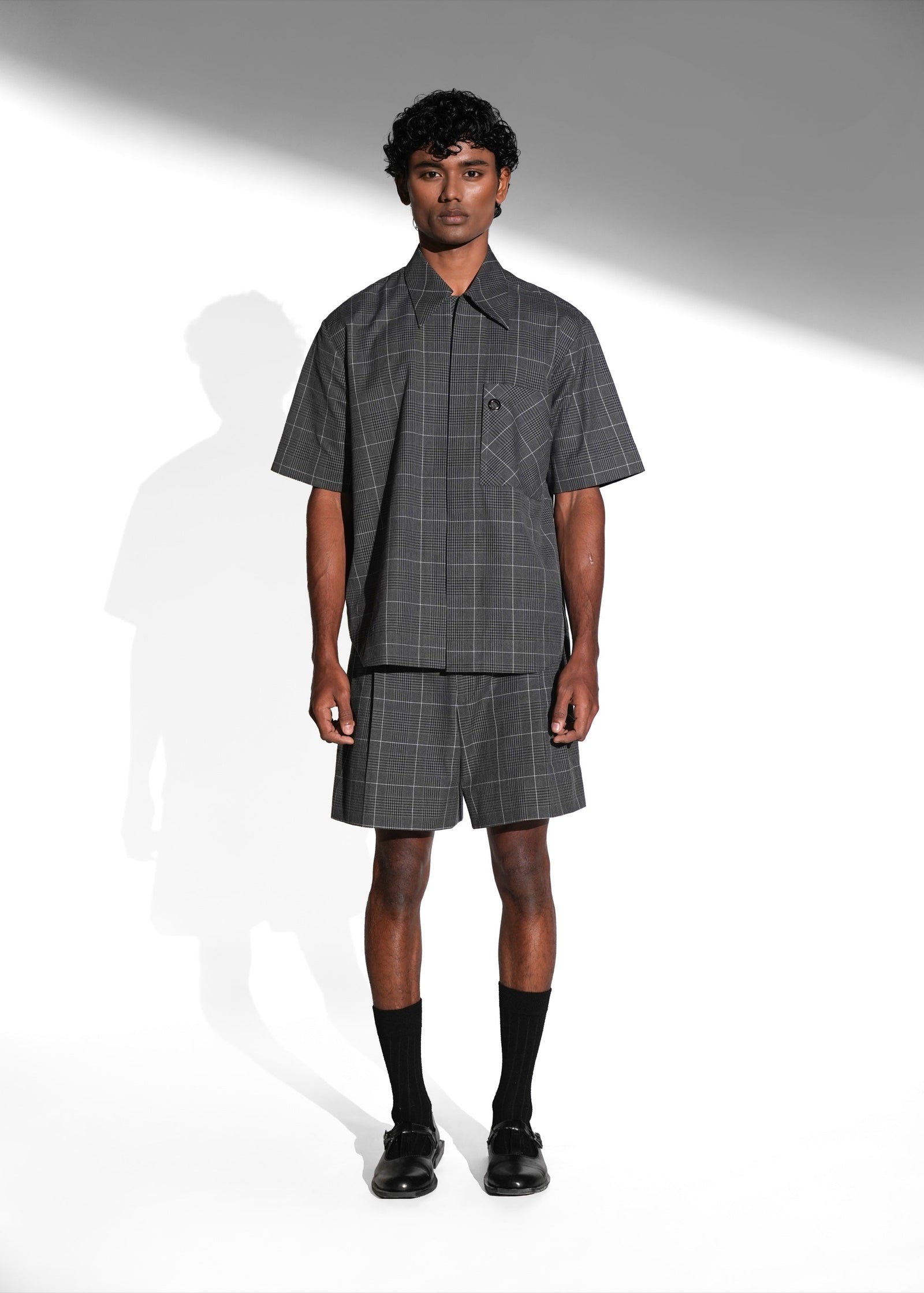 ROSANI The Capsule shirt in grey - cotton half-sleeve shirt with eyelet pocket detail, front view