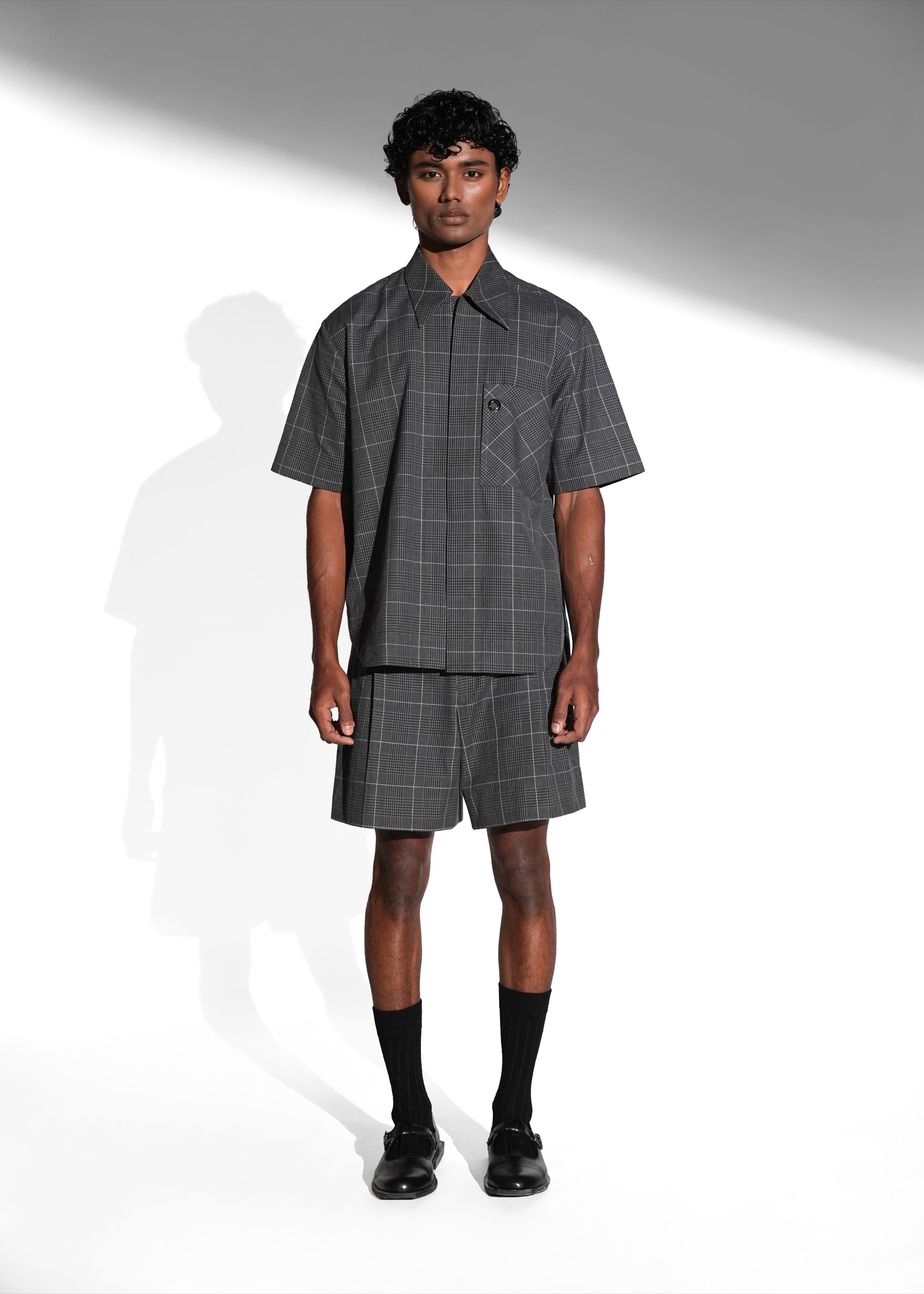 ROSANI The Capsule shirt in grey - cotton half-sleeve shirt with eyelet pocket detail, front view