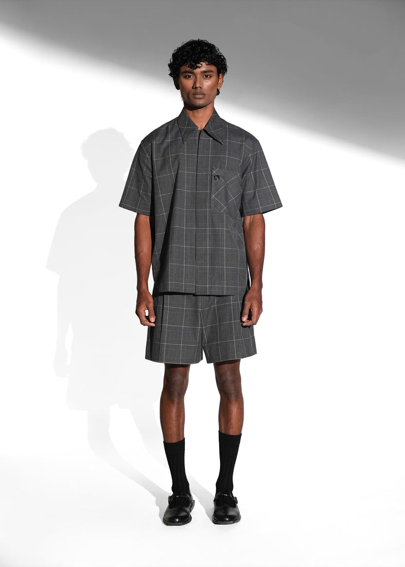 ROSANI The Capsule shirt in grey - cotton half-sleeve shirt with eyelet pocket detail, front view