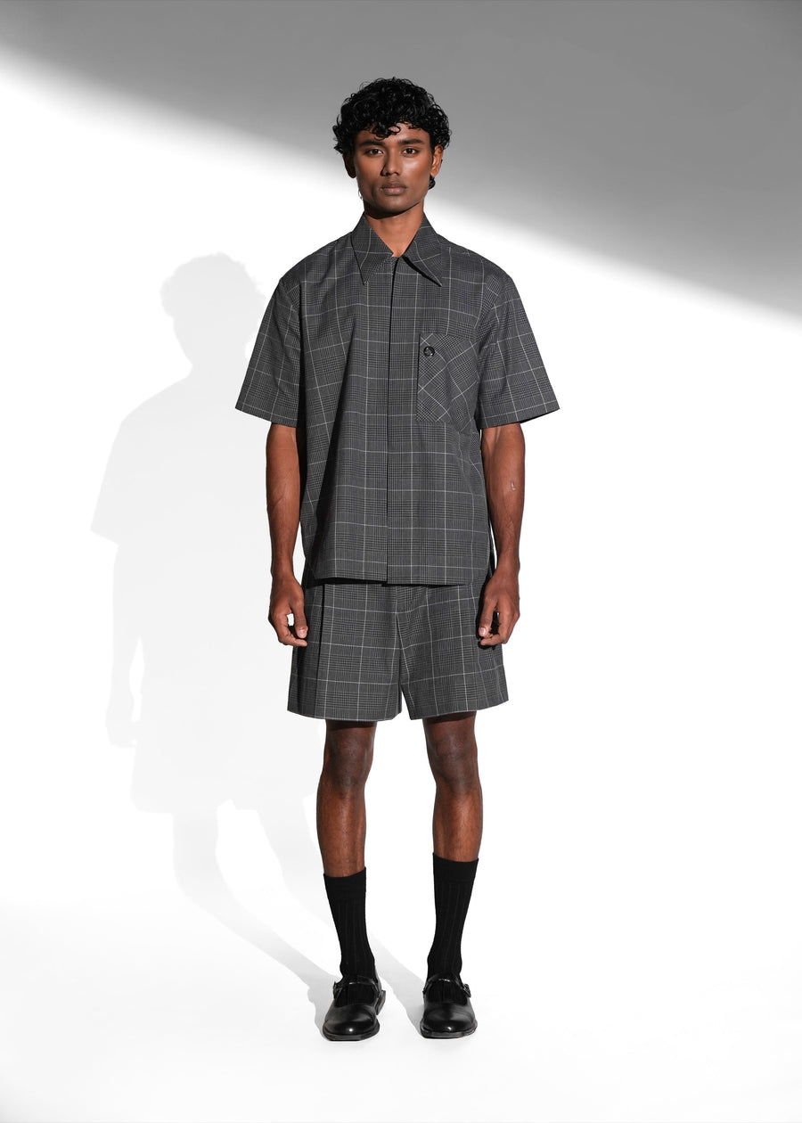 ROSANI The Capsule shirt in grey - cotton half-sleeve shirt with eyelet pocket detail, front view