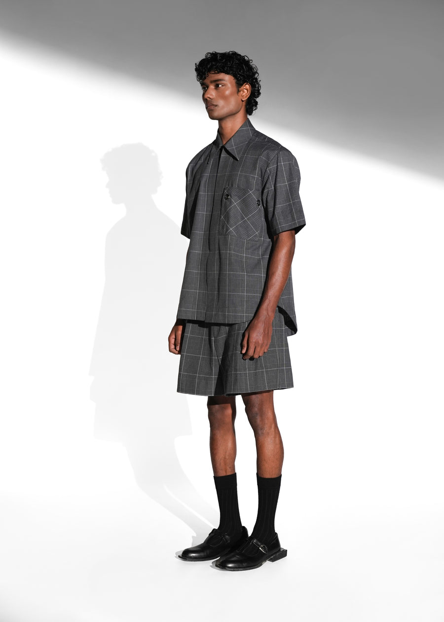 ROSANI The Capsule shirt in grey - cotton half-sleeve shirt with eyelet pocket detail, front side view