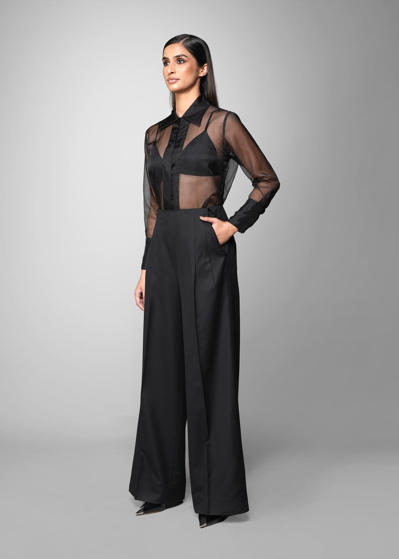 ROSANI The Cloud shirt in black - organza shirt with tailored cuffs, front side view