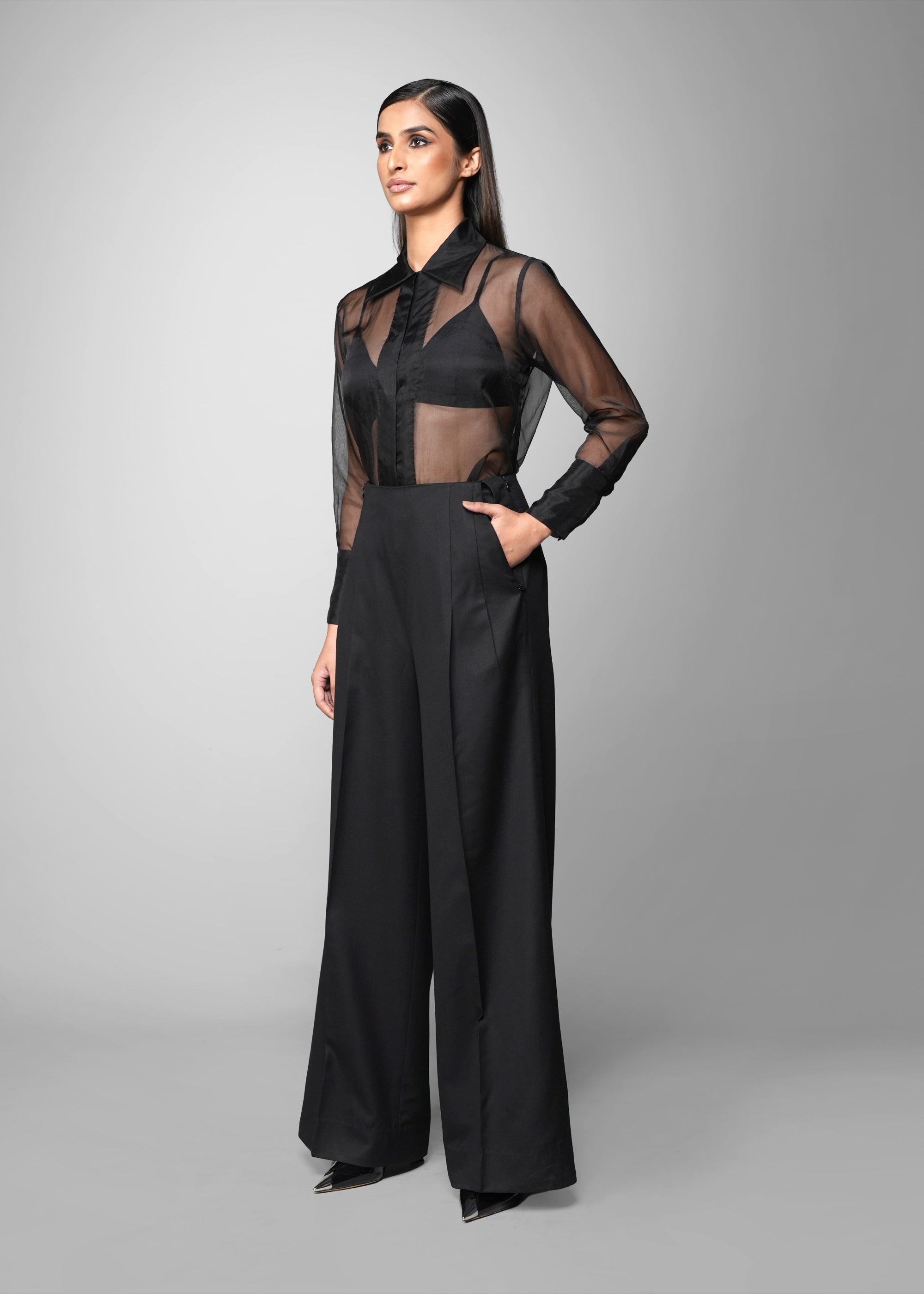ROSANI The Cloud shirt in black - organza shirt with tailored cuffs, front side view