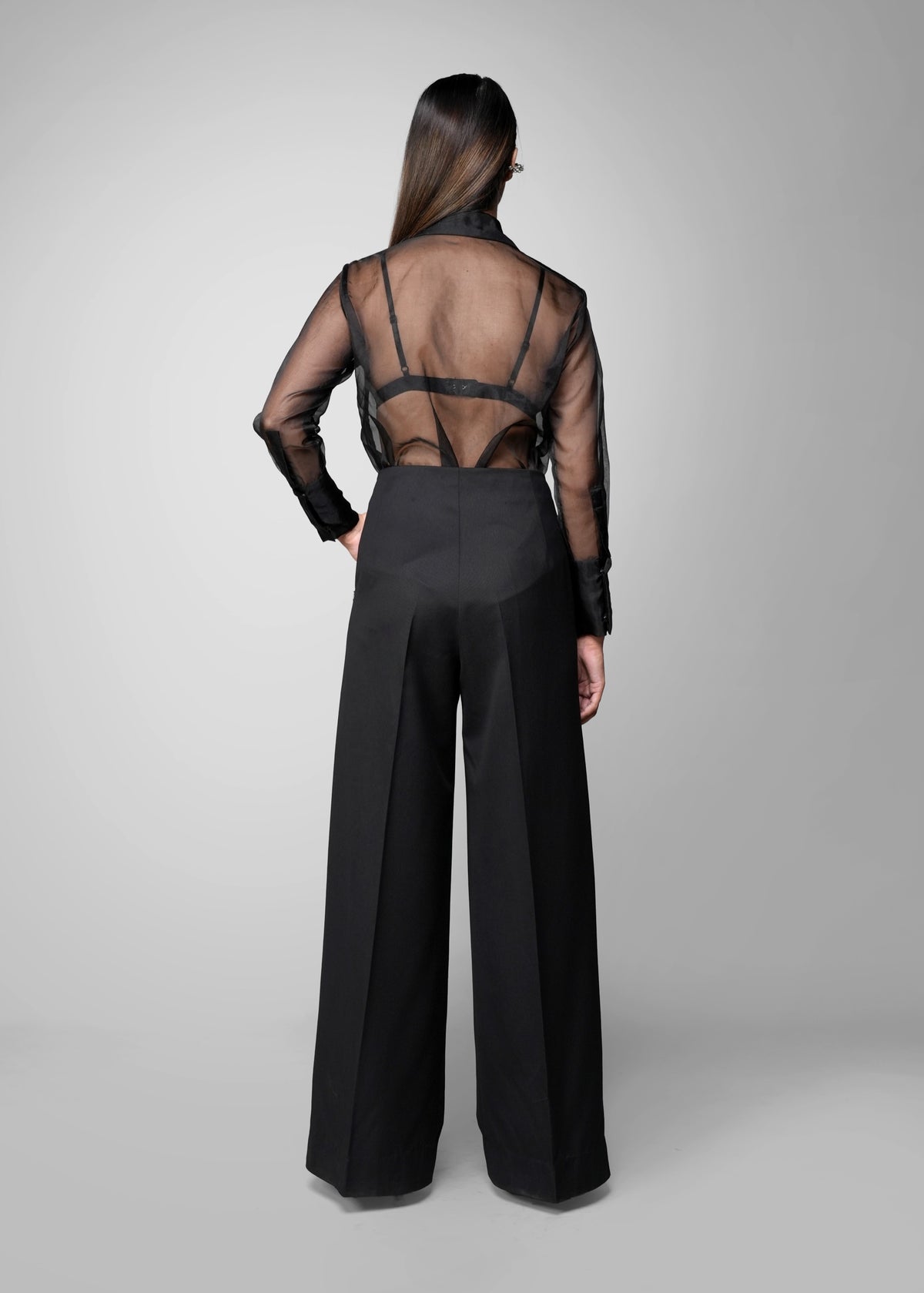 ROSANI The Cloud shirt in black - organza shirt with tailored cuff detail, back view