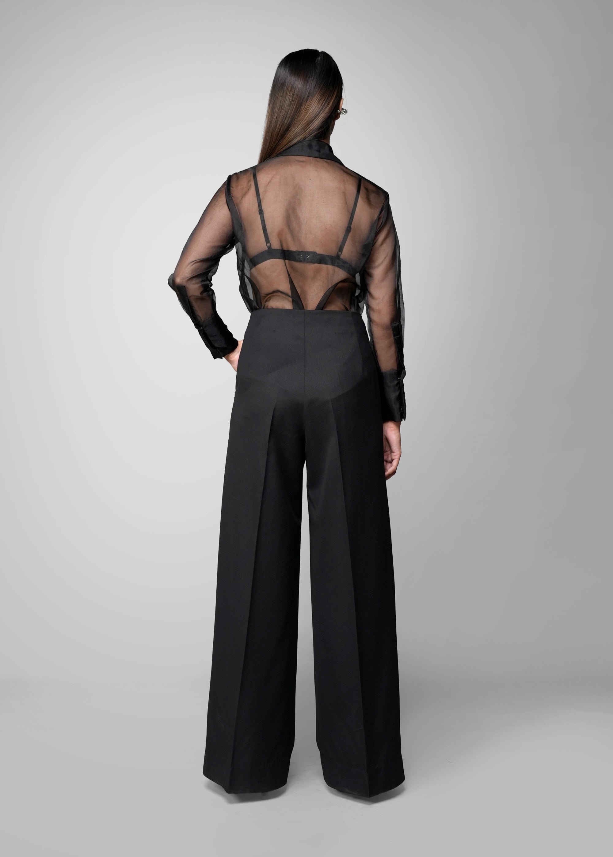 ROSANI The Cloud shirt in black - organza shirt with tailored cuff detail, back view