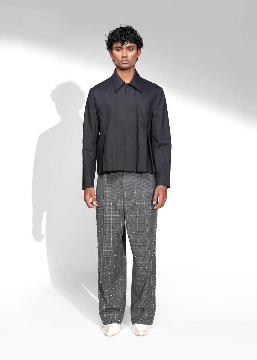 ROSANI The Dome jacket in black - cropped jacket with deep inverted box pleats on each panel, front view