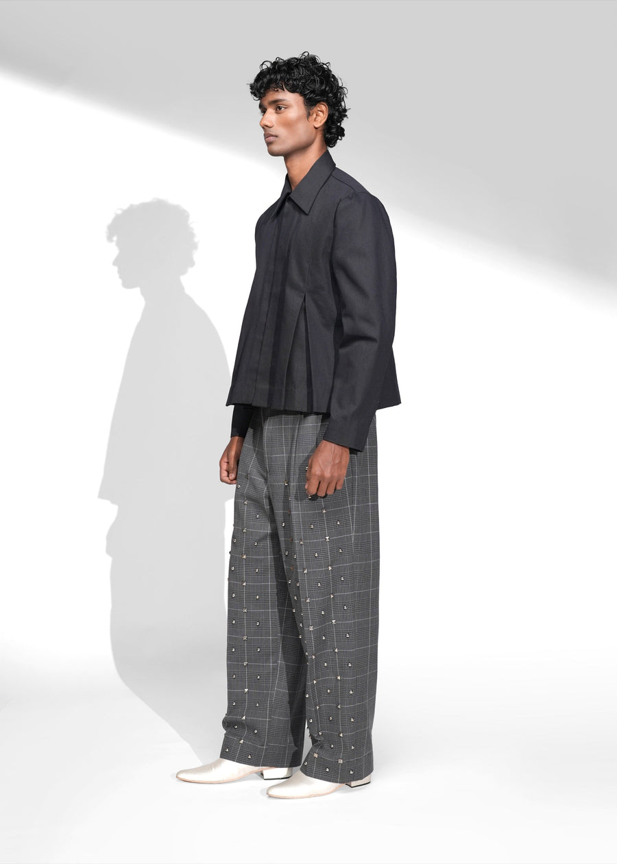 ROSANI The Dome jacket in black - inverted box pleat panel detail, close-up