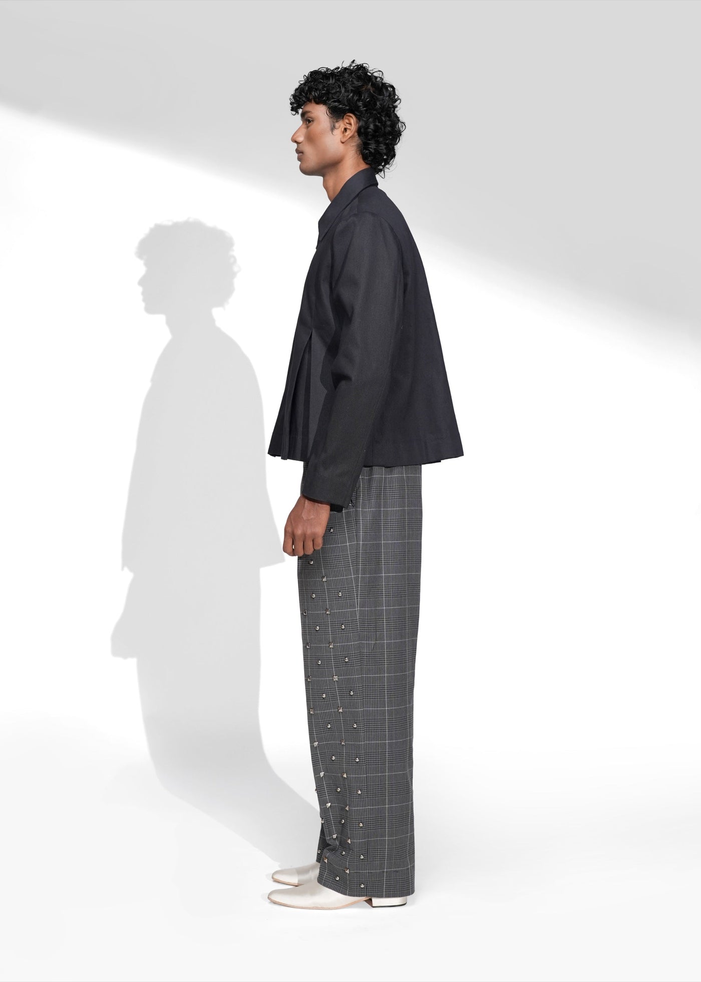 ROSANI The Dome jacket in black - cropped jacket with deep inverted box pleats, front side view