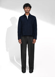 ROSANI The Dome jacket in midnight denim - cropped jacket with deep inverted box pleats on each panel, front view