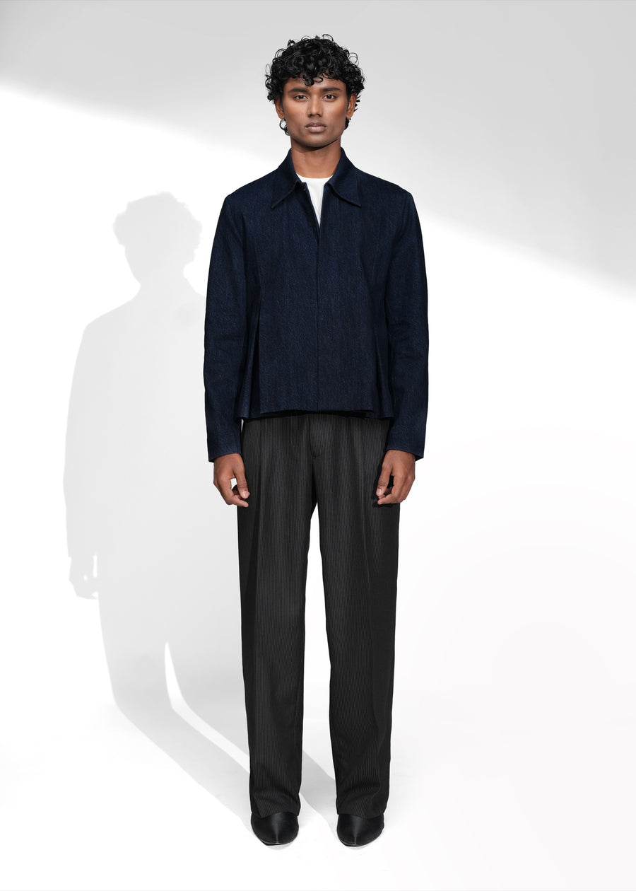 ROSANI The Dome jacket in midnight denim - cropped jacket with deep inverted box pleats on each panel, front view