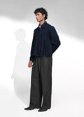 ROSANI The Dome jacket in midnight denim - inverted box pleat panel detail, close-up