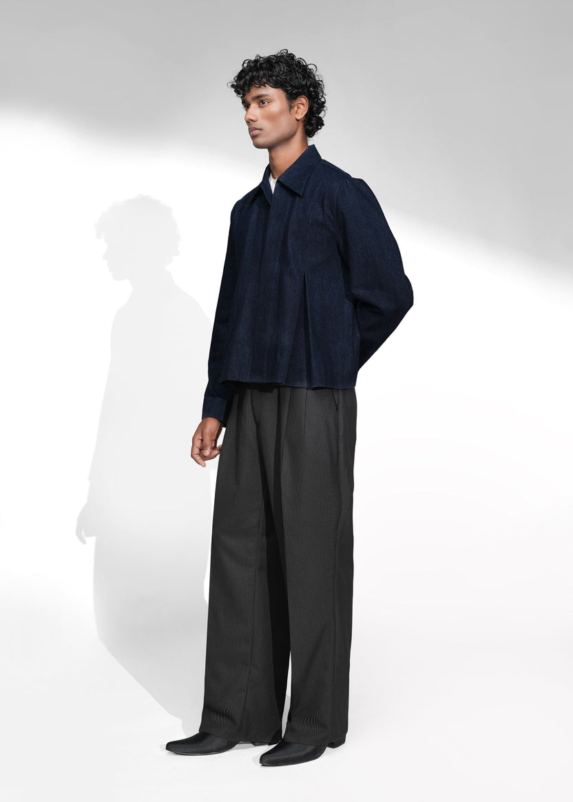 ROSANI The Dome jacket in midnight denim - inverted box pleat panel detail, close-up