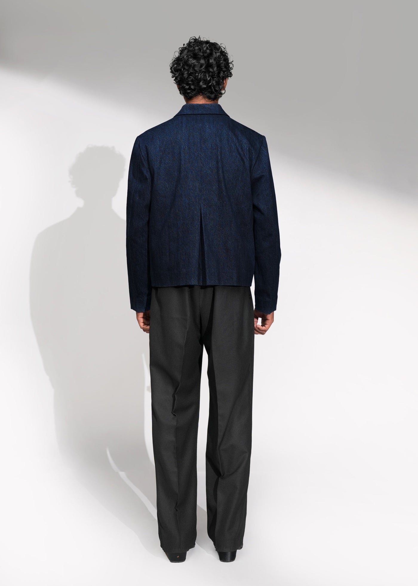ROSANI The Dome jacket in midnight denim - cropped jacket with deep inverted box pleats and stripes inlay, back view